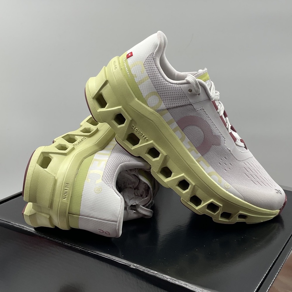 On Running Cloudmonster Womens White Lime Burgundy Running Shoes Trainers size 5